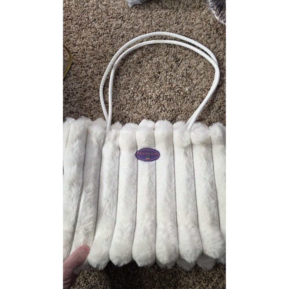 Fashion Girl White Faux Fur Shoulder Bag Gold Hardware Double Handles Women